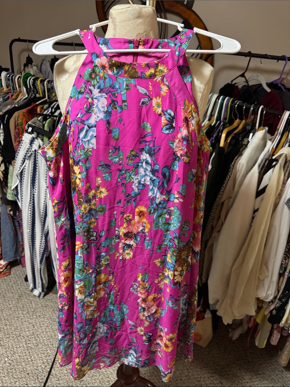 Betsey Johnson Bright Pink Floral Halter Swing Dress - Picture 3 of 4